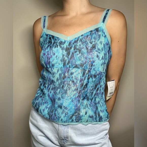 DD Collection Y2K Silk Metallic Mermaid Blue Sexy Slip Blouse Cami Lace - Picture 1 of 12